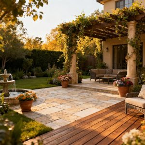 Terrasse extérieure avec pergola, mobilier et jardin fleuri en lumière dorée