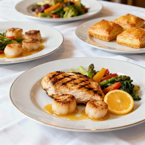 Plat de poulet grillé avec légumes et citron, sur une assiette blanche