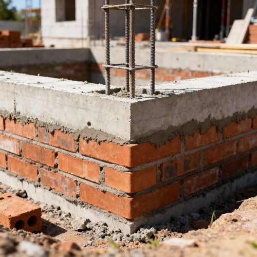 Fondation en béton avec armature en acier et briques rouges en construction