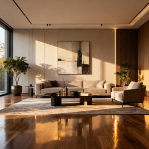 Salon contemporain avec canapé beige, plantes et tableau abstrait, éclairé par la lumière naturelle