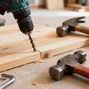 Perceuse électrique en train de percer du bois avec deux marteaux à côté