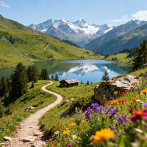 Paysage de montagne avec lac, cabane en bois et fleurs colorées au premier plan