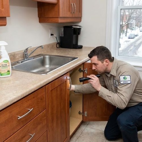 Technicien inspectant une cuisine contre les nuisibles avec un spray anti-cafards.