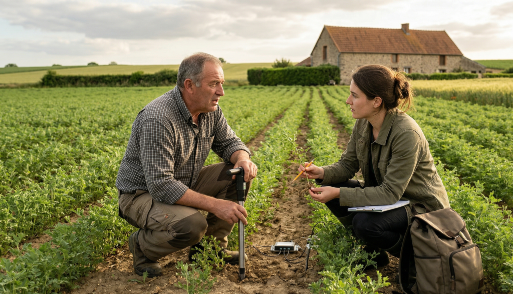 Agriculteur et expert discutant dans un champ de lentilles
