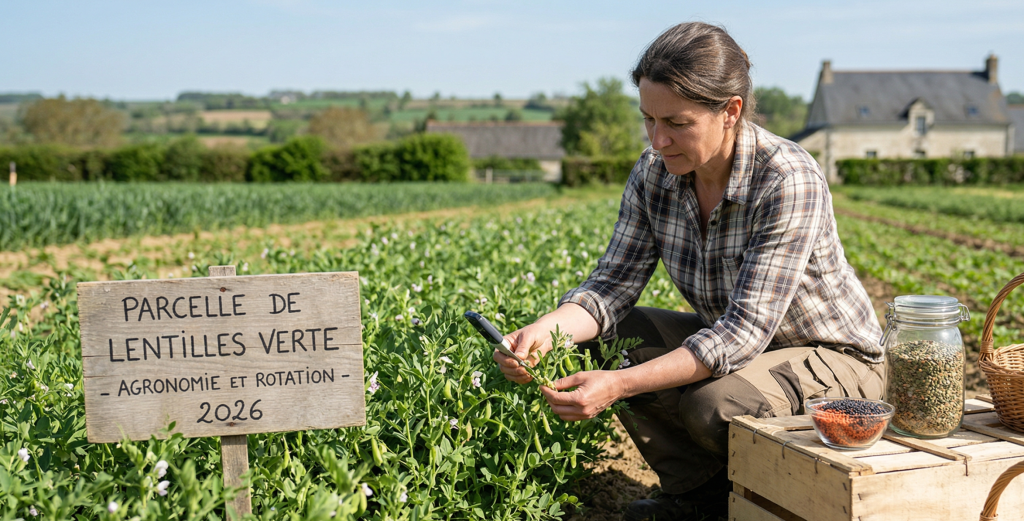 Agricultrice v&eacute;rifiant des lentilles vertes dans un champ