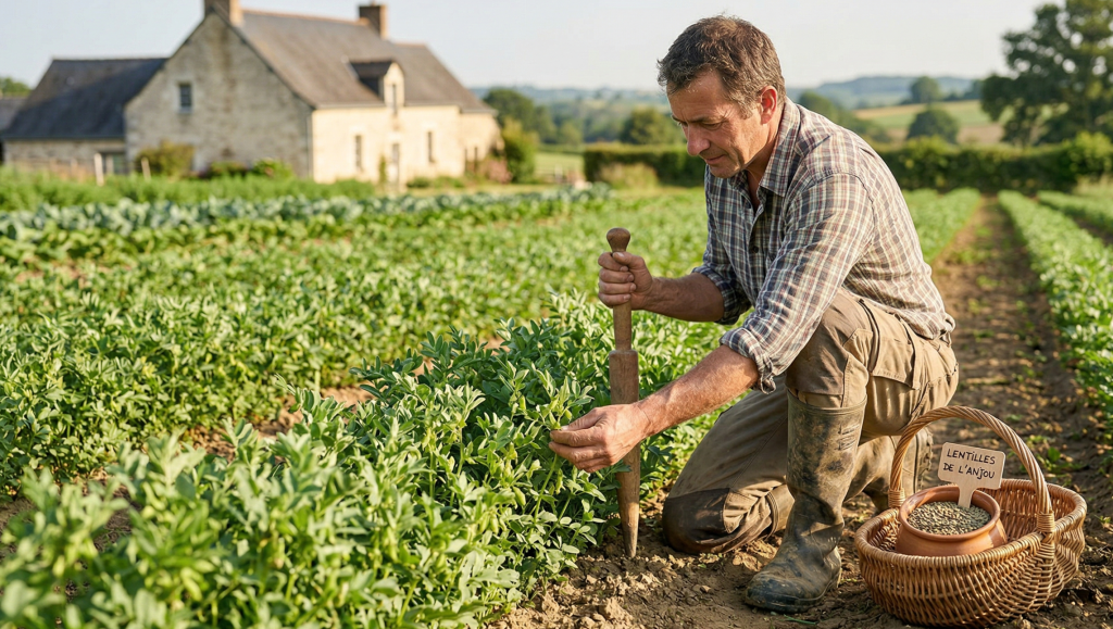 Agriculteur vérifiant un champ de lentilles en Anjou