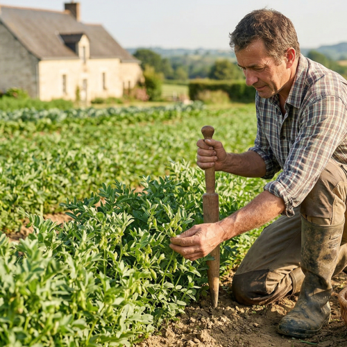 Agriculteur vérifiant un champ de lentilles en Anjou