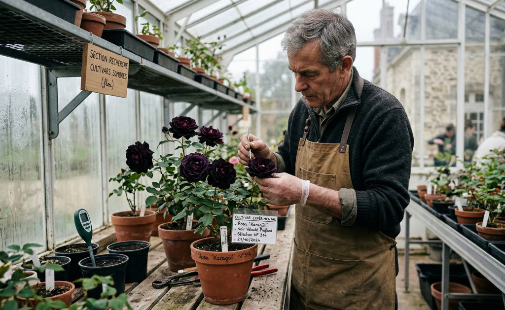 Horticulteur examinant des roses noires en serre de recherche