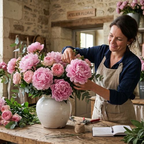 Fleuriste créant un bouquet de pivoines roses élégantes