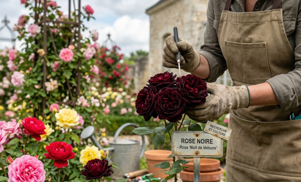 Roses noires de Velours dans un jardin coloré