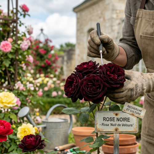 Roses noires de Velours dans un jardin coloré