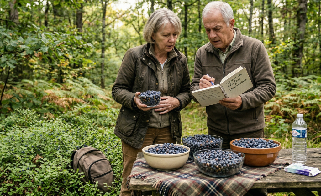 Couple examinant des myrtilles lors d'une r&eacute;colte en for&ecirc;t