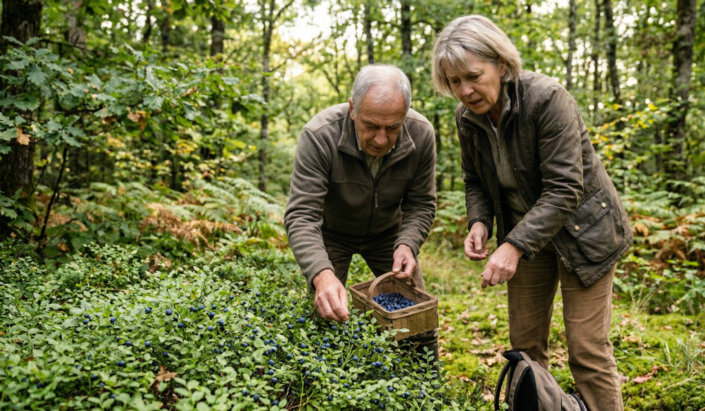 Récolte de myrtilles dans une forêt verdoyante