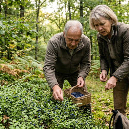 Récolte de myrtilles dans une forêt verdoyante