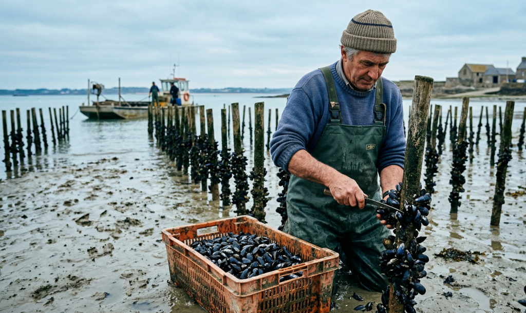 &Eacute;levage de moules sur pieux avec un p&ecirc;cheur en mer.