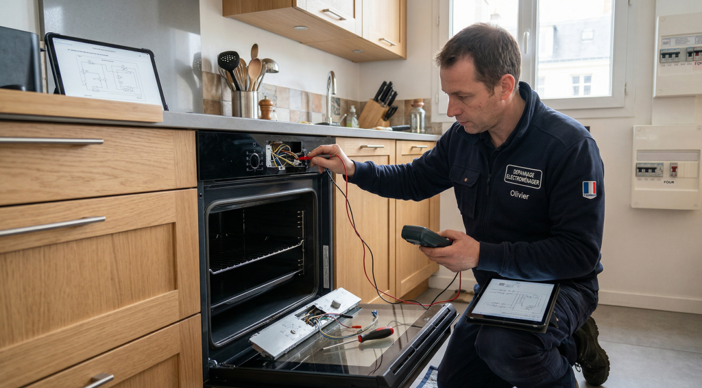 Technicien répare un four en court-circuit dans une cuisine moderne