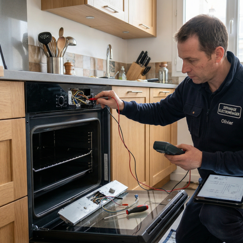 Technicien répare un four en court-circuit dans une cuisine moderne