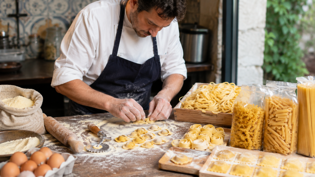 Chef préparant des pâtes artisanales dans une cuisine traditionnelle.