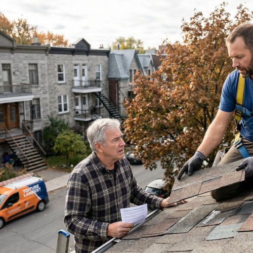 Expert en toiture à Montréal conseille un propriétaire sur un toit en bardeaux