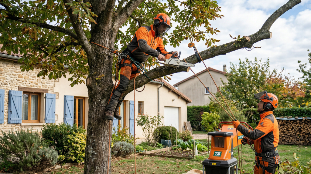 Élagueurs professionnels coupant un arbre dans un jardin