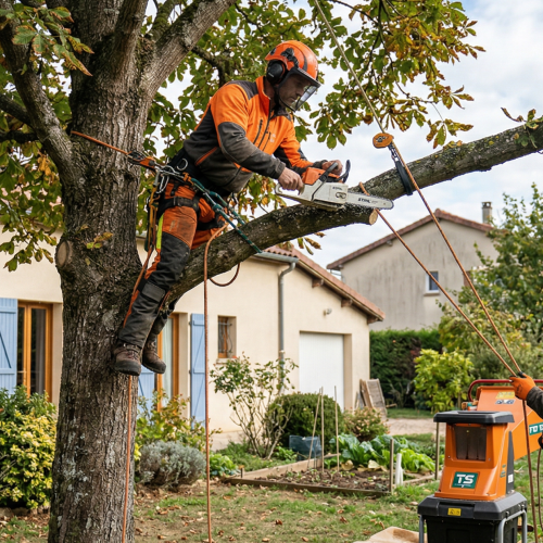 Élagueurs professionnels coupant un arbre dans un jardin