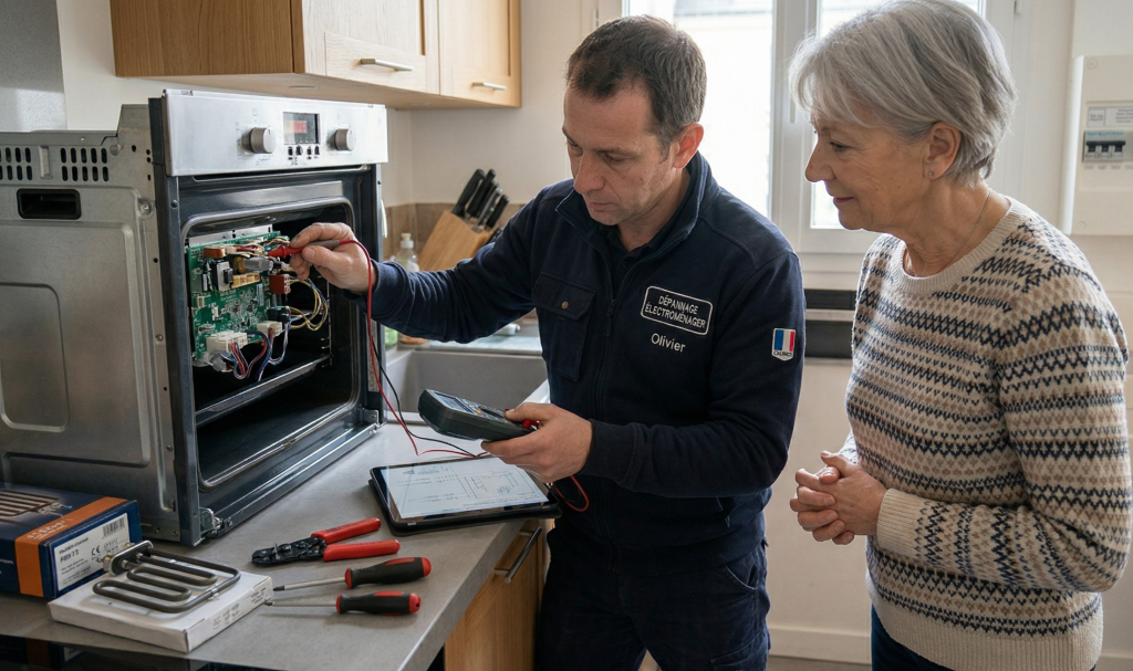 Réparateur inspectant un four électrique avec une cliente attentive
