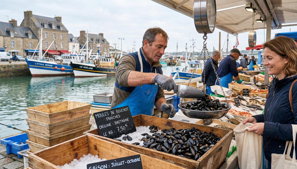 Marché de poissons avec vente de moules fraîches en Bretagne
