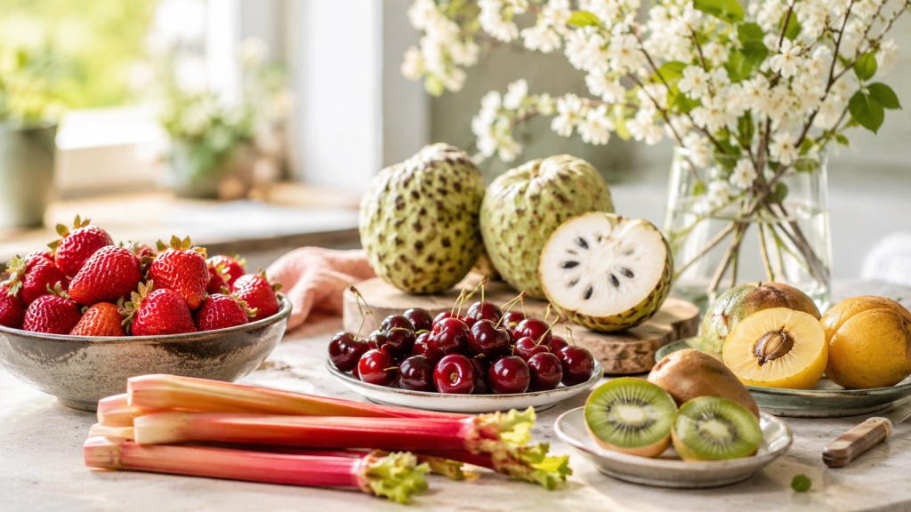 Fruits variés sur une table en avril, fraises, cerises, kiwis, et plus.