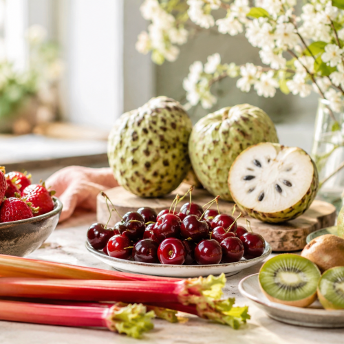 Fruits variés sur une table en avril, fraises, cerises, kiwis, et plus.