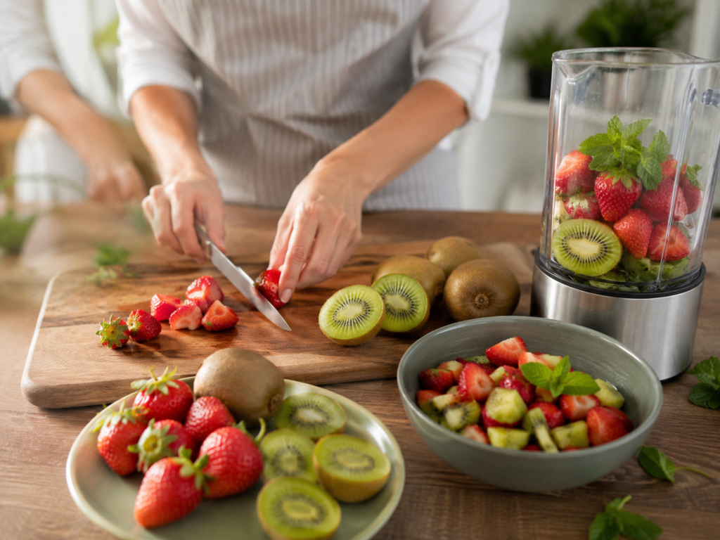 Pr&eacute;paration de salade de fruits frais avec fraises et kiwis