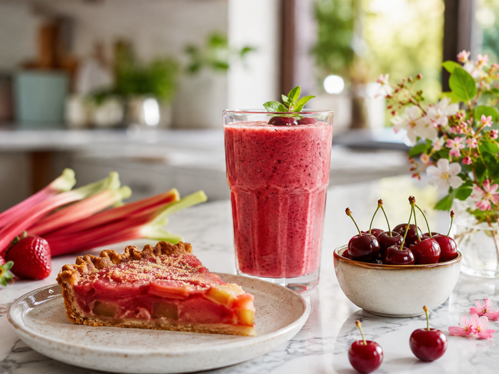 Tarte aux fruits, smoothie rouge et bol de cerises sur une table en marbre