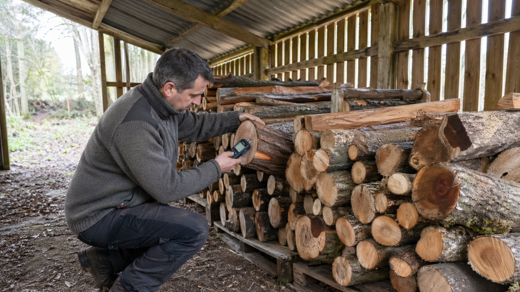 Homme mesurant humidit&eacute; des b&ucirc;ches d'Albizia