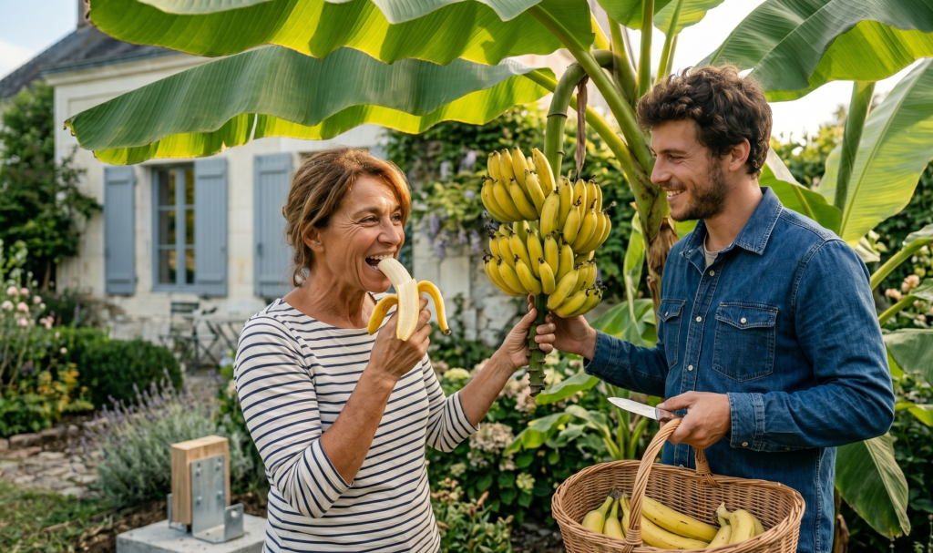 Bananiers chez soi avec couple r&eacute;coltant des bananes fra&icirc;ches