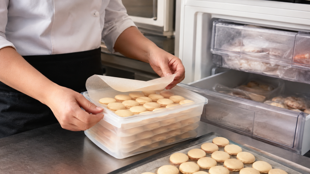 Coques de macarons conserv&eacute;es dans une bo&icirc;te en plastique