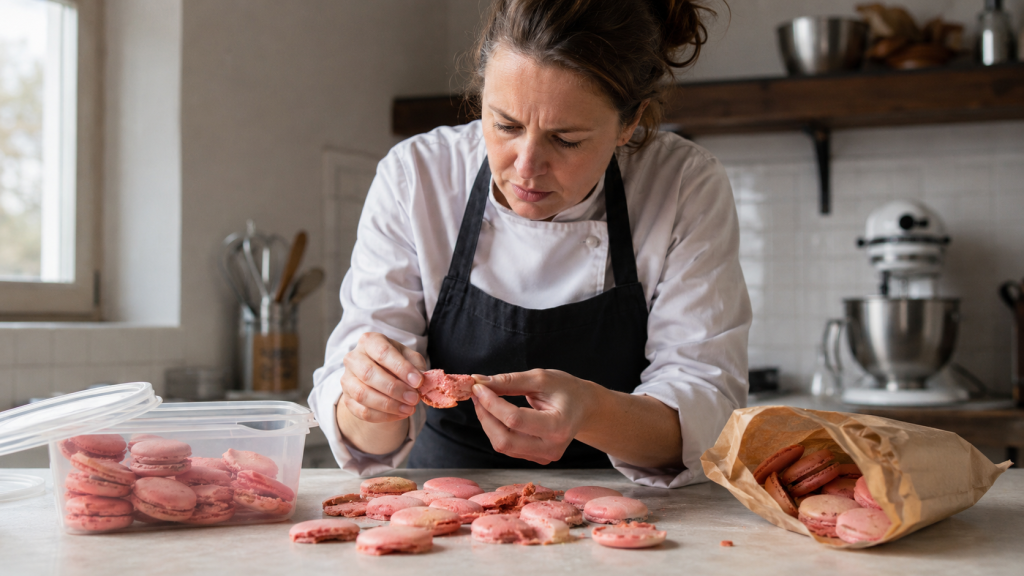 Chef examinant des coques de macarons roses dans une cuisine professionnelle