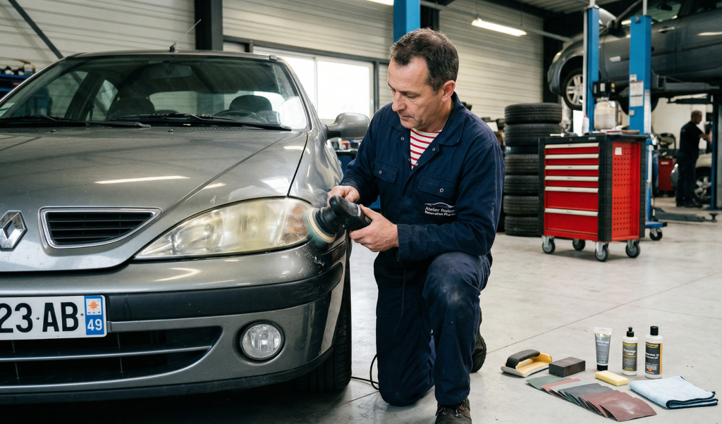 Homme r&eacute;novant un phare de voiture dans un garage