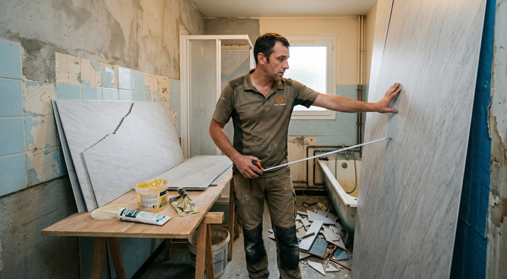 Homme r&eacute;novant une salle de bains avec des panneaux muraux