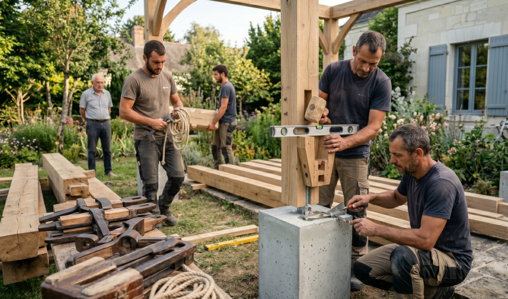 Construction d'une pergola dans un jardin par une &eacute;quipe de charpentiers