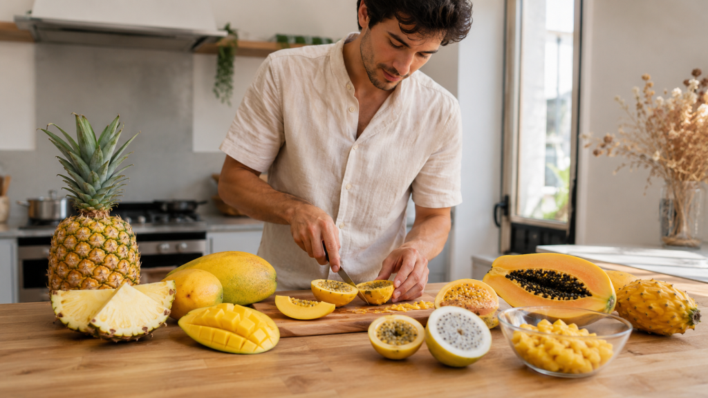 Homme préparant des fruits exotiques jaunes en cuisine moderne