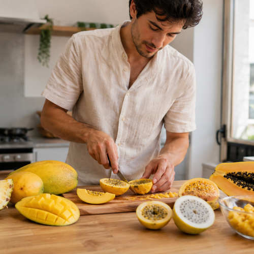 Homme préparant des fruits exotiques jaunes en cuisine moderne