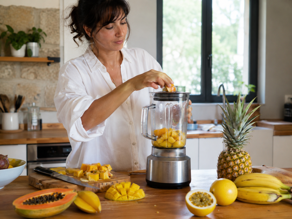 Pr&eacute;paration d'un smoothie aux fruits tropicaux en cuisine