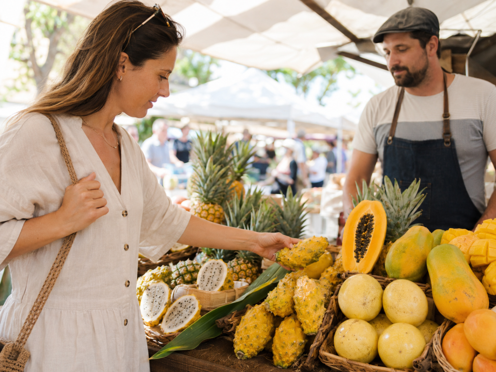 Femme choisissant des fruits exotiques jaunes au march&eacute;.