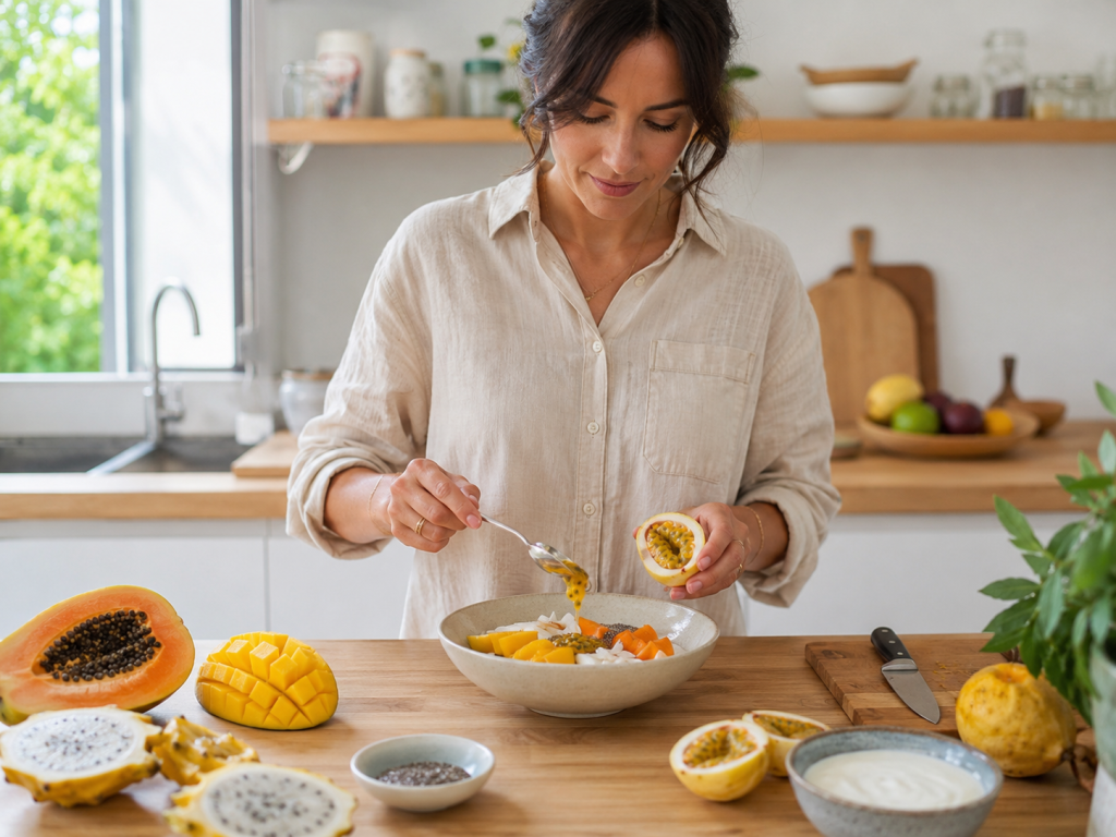 Femme pr&eacute;parant un bol de fruits exotiques color&eacute;s