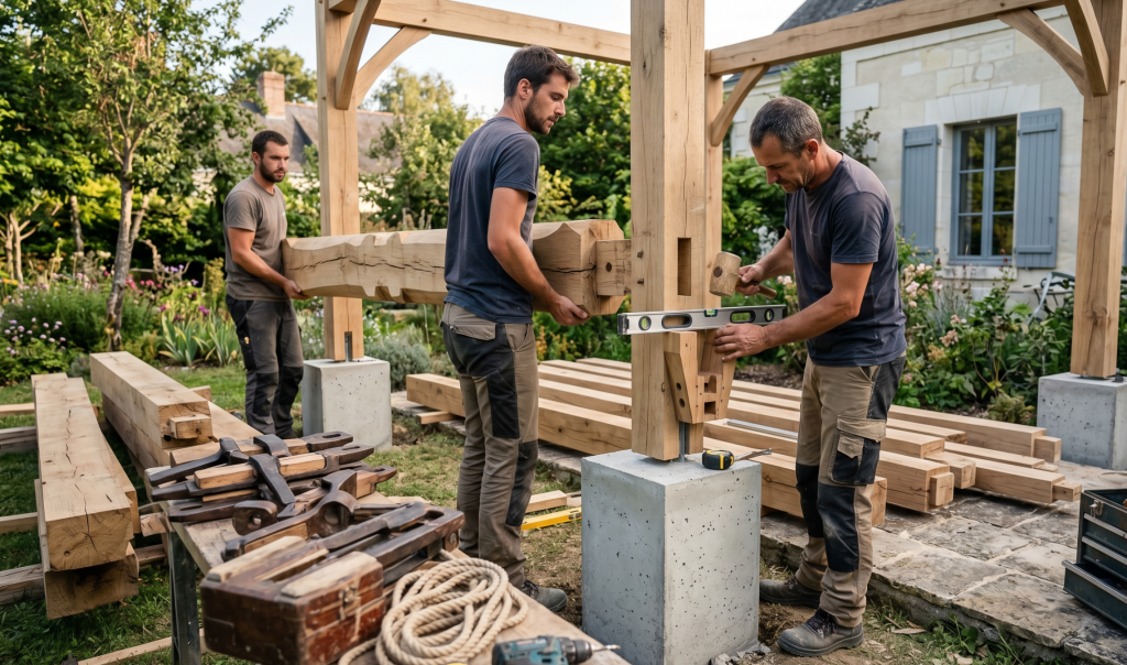 Construction de pergola en bois dans un jardin verdoyant