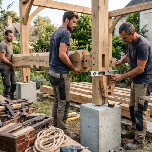Construction de pergola en bois dans un jardin verdoyant