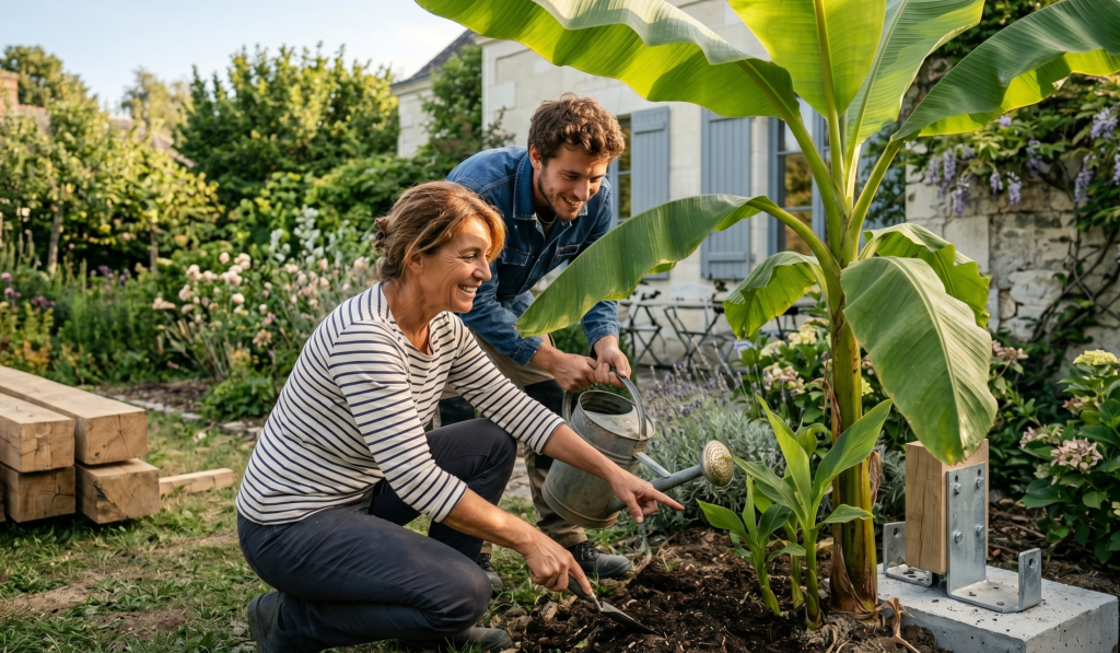 Couple jardinant et arrosant un bananier dans leur jardin