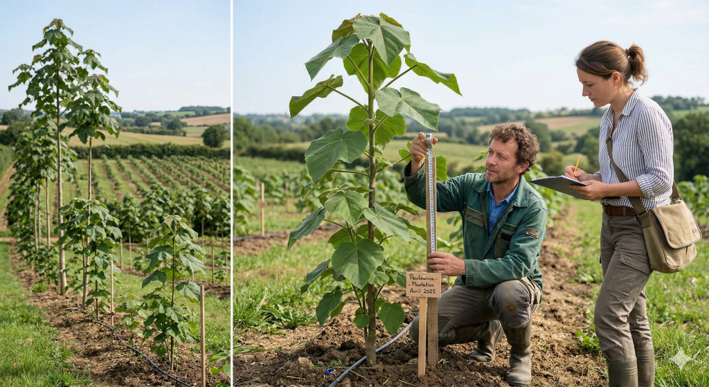 Champ de paulownias avec agriculteurs mesurant les arbres en croissance.