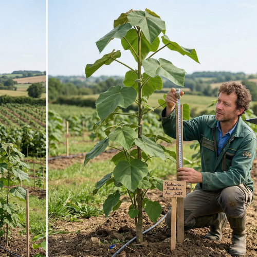 Champ de paulownias avec agriculteurs mesurant les arbres en croissance.