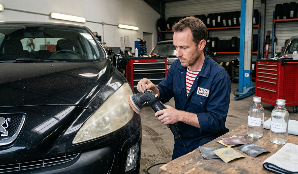 Rénovation de phares de voiture dans un garage automobile