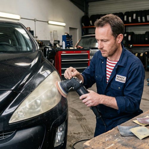 Rénovation de phares de voiture dans un garage automobile